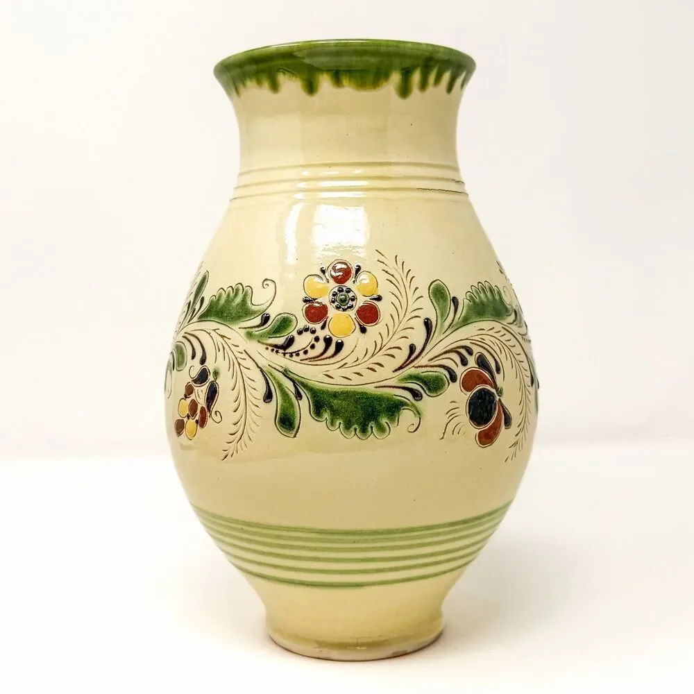 Vintage Hungarian Folk Art Studio Pottery Vase – Hand Painted – Signed 9”